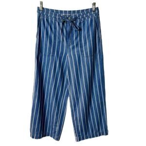 American Eagle Women's Pants 2 Super High Rise Wide Leg Crop Blue Striped Cotton